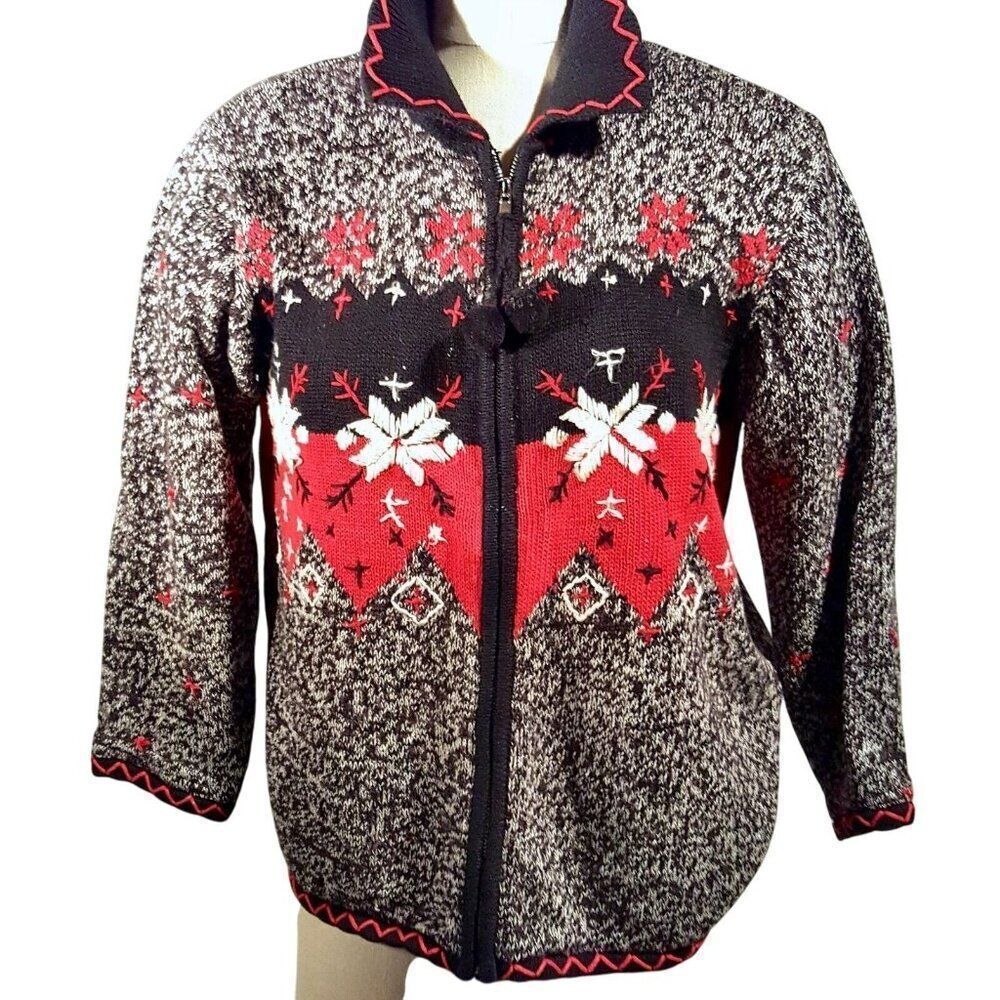 Vintage 90s Christmas Sweater Womens M Red Black Full Zip Cardigan Snowflake